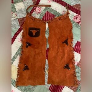 Cowboy Western Fringe Chaps Burnt Orange Suede Leather & Studded